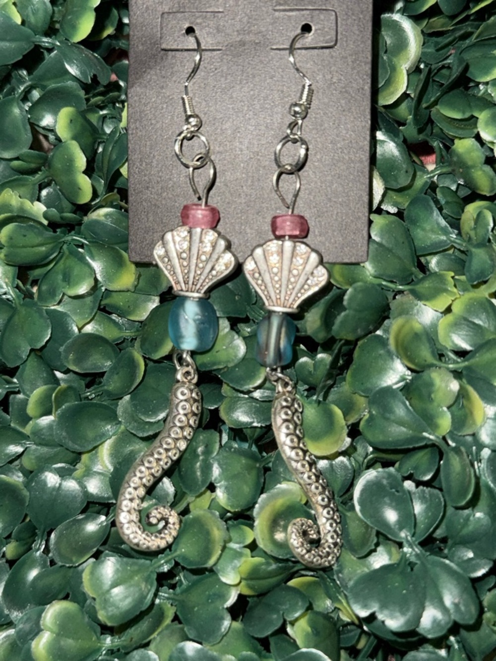 Handcrafted Silver-Tone Sea Shell & Tentacle Dangle Earrings - Pink and Blue